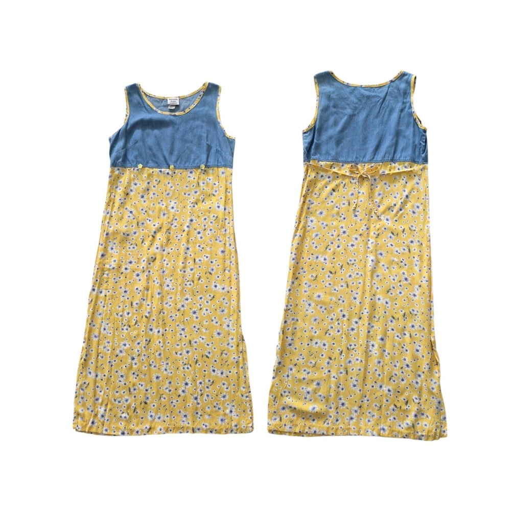 Vintage 90s Cottagecore Maxi Dress MP Blue Yellow Floral Made Hawaii Jumper
